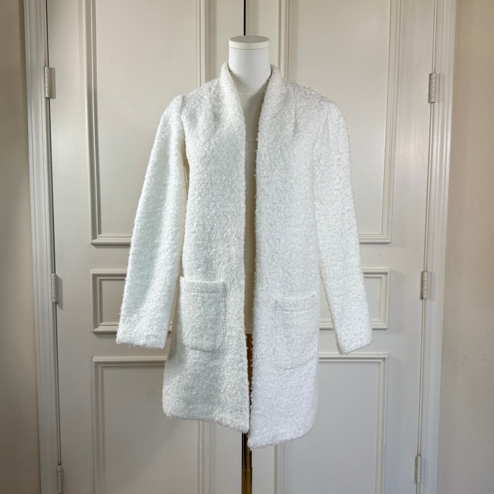 NYCC Boucle Cardigan Coat Women's Size S White Open Front Faux Shearling Cozy